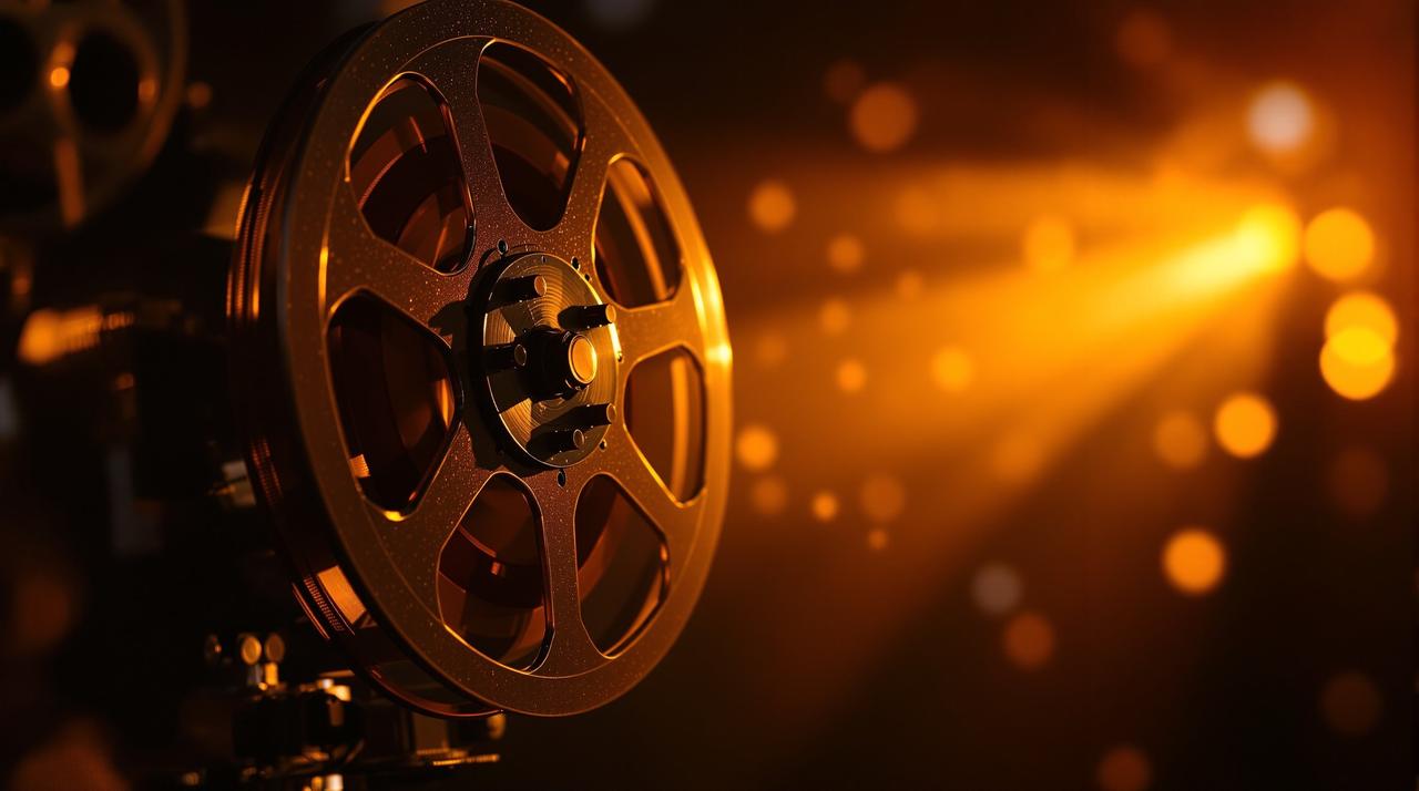深夜影视 - 经典影视作品放映室，怀旧老电影放映机投射温暖光芒